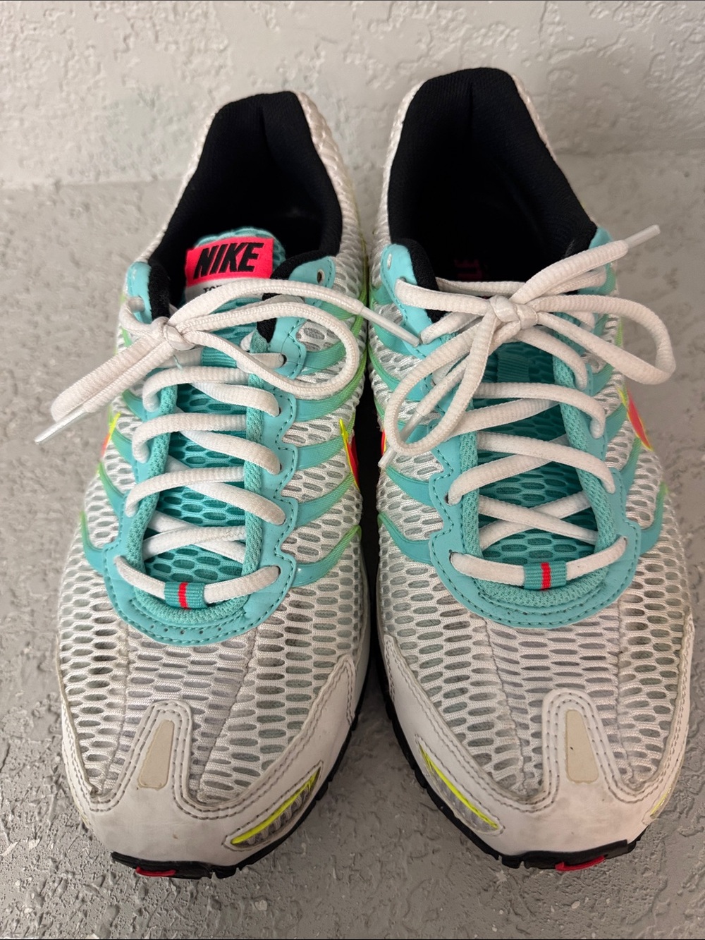 Nike Mesh Running Sneakers - White with Teal, Neon Yellow & Pink Swoosh